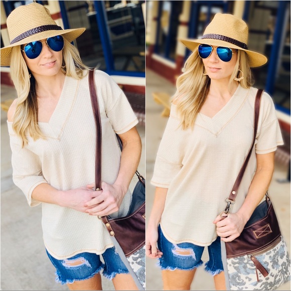 Infinity Raine Tops - JUST ME WAFFLE KNIT V-NECK TOP-OATMEAL